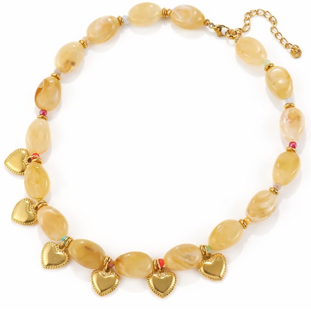 Chunky Beaded Heart Charm Necklace Summer Jewelry - Picture 2 of 4